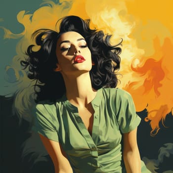 Drawing of a woman's portrait, painted with bright colors. Suitable for use in projects dealing with feelings, emotions, inner peace, creativity and imagination.Generative AI