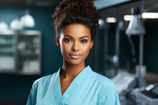 Portrait of a beautiful young African American nurse . medical worker against a blurred background of the clinic.Generative AI