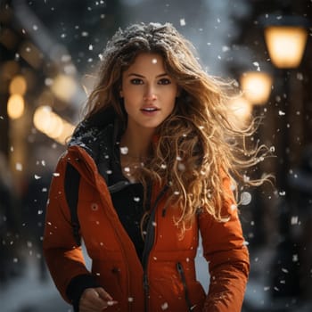 portrait of a young woman running in winter in the city during snowfall.Generative AI