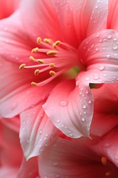 Pink and white flower petals close up. lily flower in full bloom, macro. floral background of delicate pink color.Generative AI