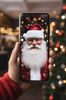 Hand holding smartphone with video chat with Santa Claus on blurred Christmas background.Generative AI
