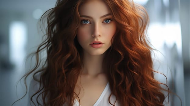 Close-up portrait of a red-haired woman on a light shaggy background looking at the camera.content or banner for a beauty salon.Generative AI