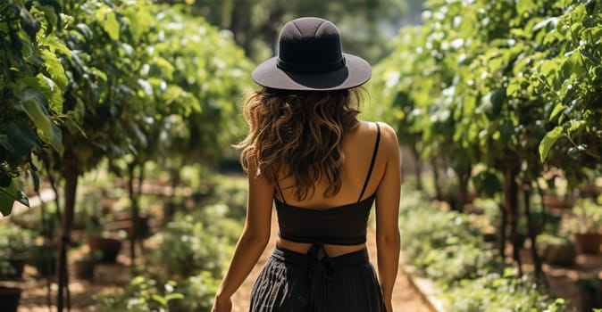 Close-up rear view of a brunette woman with a shiny wavy long hairstyle in front of a park.Generative AI