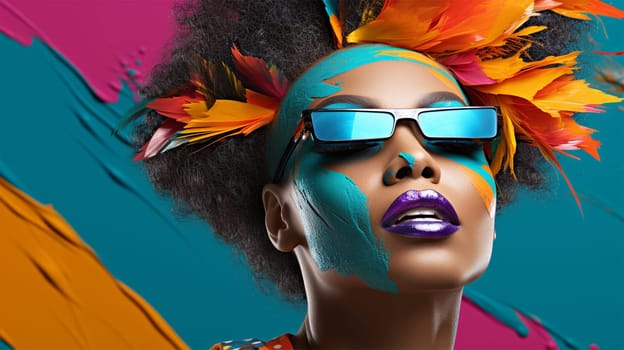 African model in glasses with very bright creative makeup on a colored background. banner for advertising or content for social networks of beauty salons.Generative AI