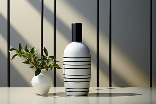 Cosmetic glass bottle of luxury product black and white design on graphic background. product presentation, demonstration of cosmetic products. Modern stylish bottle.Generative AI