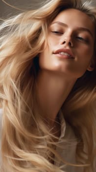sensual portrait of a blonde with flying hair. banner or poster for a beauty salon.Generative AI