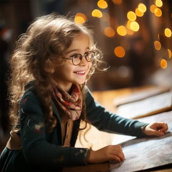 cute little girl looking at a book given to her for Christmas against the background of a Christmas tree.Generative AI