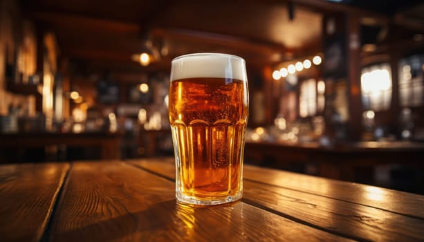 Glass of light beer on a dark pub.Generative AI