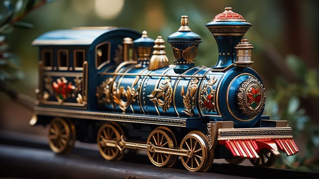 toy Christmas wooden train as a decoration for the Christmas tree. retro locomotive for railway toy road. design and gift concept for New Year's holiday.Generative AI