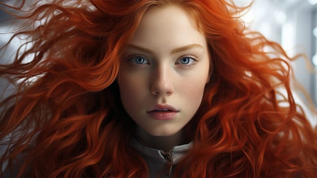 Close-up portrait of a red-haired woman with flying hair looking at the camera.content or banner for a beauty salon.Generative AI