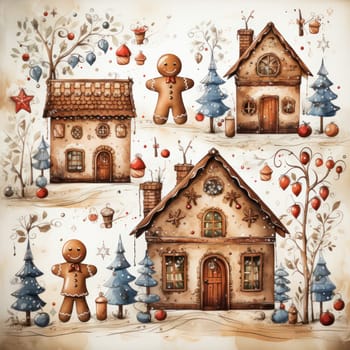 gingerbread men near houses at Christmas. Winter holiday story in watercolor style.Generative AI
