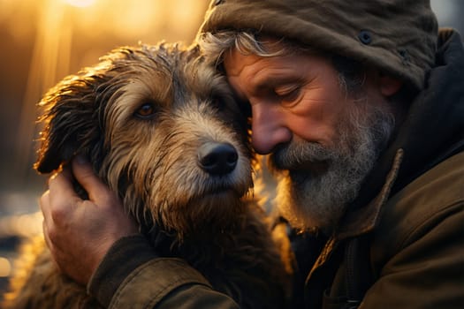 a lonely homeless old man with his pet dog. The connection between people and their pets. support and care for animals and human mental health.Generative AI