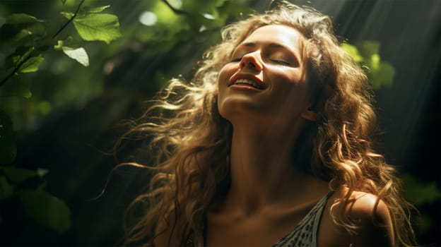portrait of a woman practicing meditation in the forest to achieve happiness from inner peace, wisdom, tranquility with a ray of sunshine for a healthy mind and well-being of the soul.Generative AI