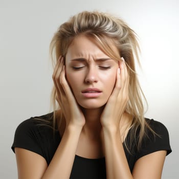 Young blonde woman with headache holding her head, against light background. emotions of pain, unwillingness to listen to anything.Generative AI