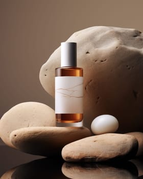 glass cosmetic bottle mockup on stones. luxury product presentation .Generative AI