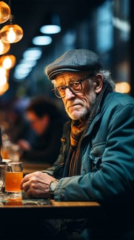 lonely gray-haired and sad old man sitting in a bar on a blurred background. loneliness concept.Generative AI