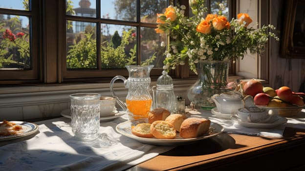 fresh bread on a marble tabletop early in the morning.Generative AI