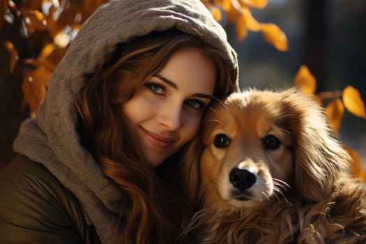 cute happy young woman hugging her dog in the autumn park. Friendship between animals and their owners. A riot of colors of nature. Lessons on the street.Generative AI