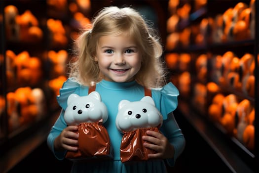 cute happy blonde girl in the doll department in a toy store.Generative AI
