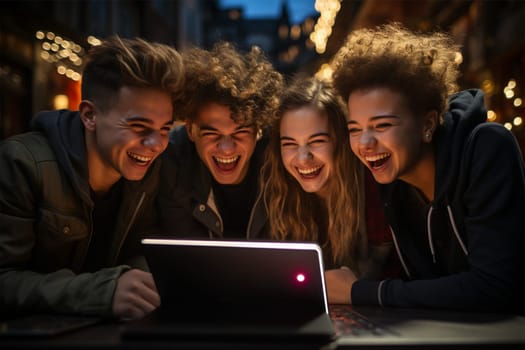 Cheerful student friends in a cafe at the Christmas market in the evening.Generative AI