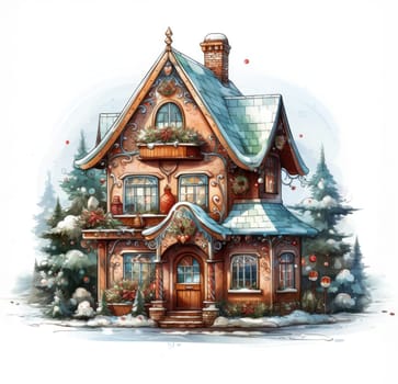 Magical gingerbread Christmas house in the forest. illustration on white background.Generative AI