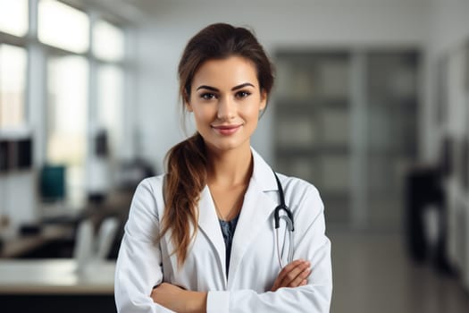 young smiling doctor in a robe in the clinic .Generative AI