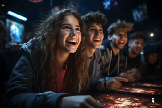 Cheerful friends relax in the evening in a gaming club, look at the screen and laugh.Generative AI