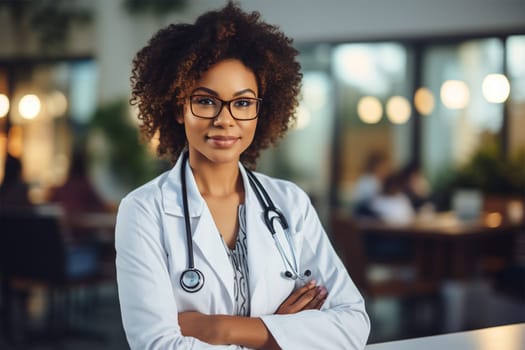 young smiling doctor in a robe and with a stethoscope in the clinic .Generative AI
