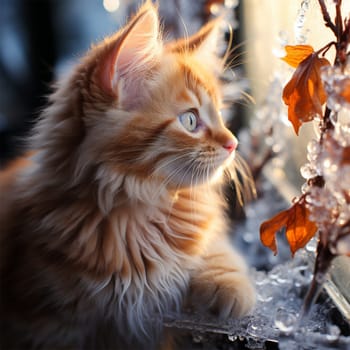 red fluffy cat in winter looks at snow-covered branches .Generative AI