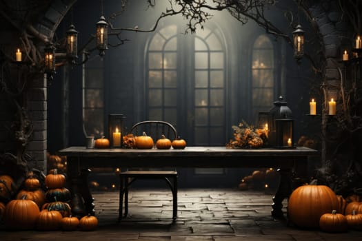 Scary laughing pumpkin in an ancient gothic interior of a dark castle. Halloween, witchcraft and magic.Halloween castle design elements.Generative AI