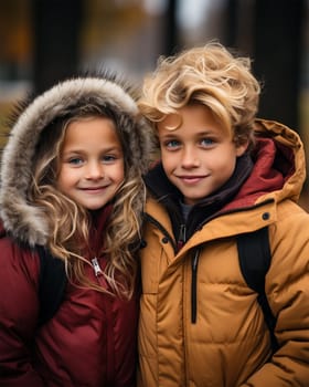 Two cheerful young best friends schoolchildren during the autumn season in the park.Generative AI