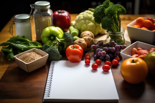Healthy foods, fruits and vegetables with a blank white notepad for writing. Healthy food choices for the heart, healthy lifestyle concept.Generative AI