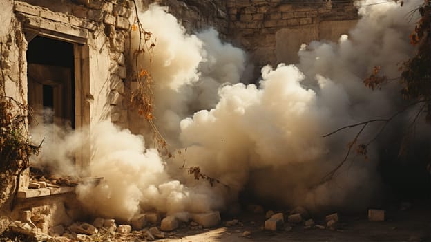 destroyed houses in the city with smoke enveloping them. the consequences of natural disasters, earthquakes or war.Generative AI