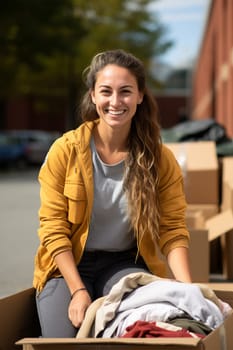 smiling female volunteer holding a cardboard box of clothes ready to give to those in need. Caring and helping the disadvantaged and disadvantaged.Generative AI
