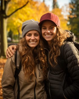 Two happy young female student best friends during autumn season in the park.Generative AI