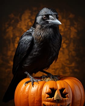 Black crow on Jack's scary pumpkin head, side view. Spooky fun fall decor. Halloween decorative element.Generative AI