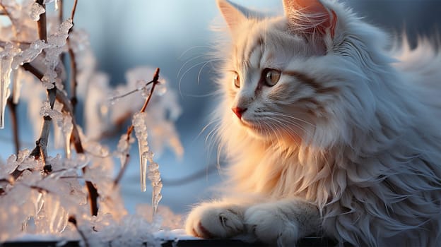red fluffy cat in winter looks at snow-covered branches .Generative AI