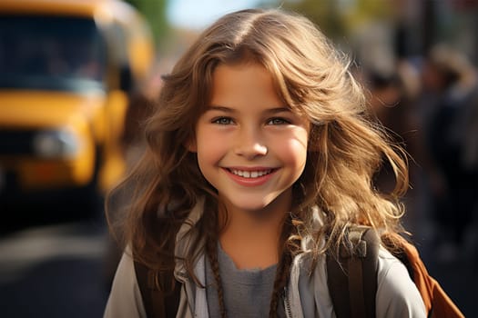 cheerful schoolgirl on a blurred background of a bus. Back to school.Generative AI