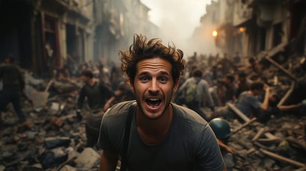 a man is running away in horror from the destruction and rubble caused by an earthquake or war, the street is littered with pieces of buildings and pipes, people are rescuing victims.Generative AI
