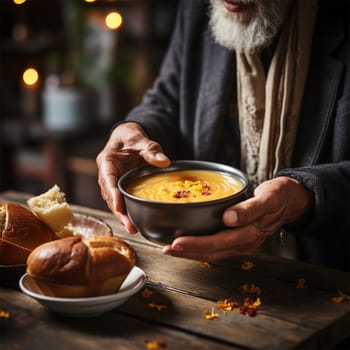 hands of a homeless person receiving a bowl of hot food at a volunteer center.concept of care and assistance to the homeless, the poor and those affected by natural disasters and wars.Generative AI