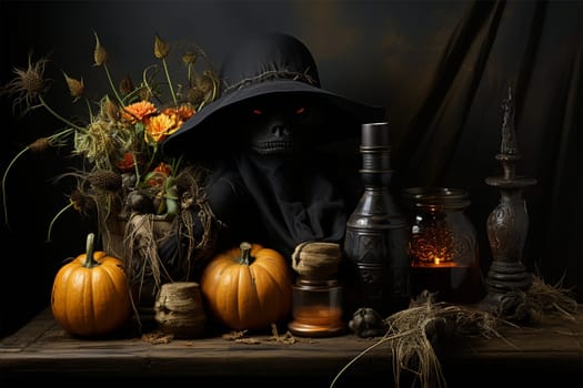 Scary witch statue with laughing pumpkins and an old skull in a gothic interior. Halloween, witchcraft and magic.Generative AI