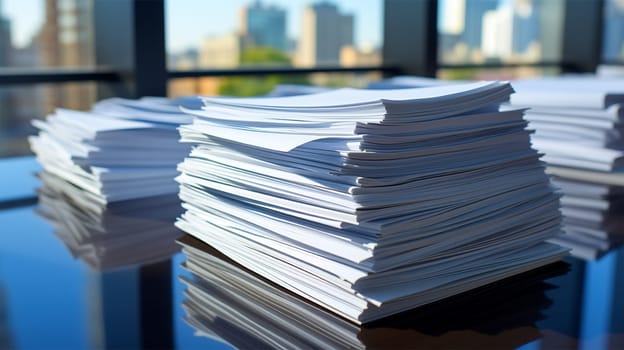 Stacks of paper on a desktop in a high-rise office against the backdrop of the city .Generative AI