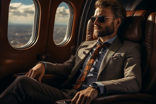 A businessman flies in business class or his private jet. Business and transport concept.Generative AI