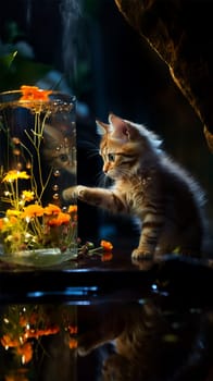 the cat carefully watches the beautiful red fish in the aquarium.Generative AI