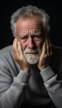 sad elderly gray-haired man holding his head. emotions of fatigue and confusion. Mental and physical health.Generative AI