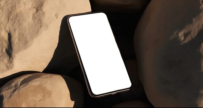 Flatlay phone on sand-colored stones. Free space for text, mockup. Aesthetic elegant picture for social networks.Generative AI