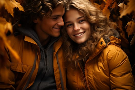 couple in love in a park outdoors among yellow leaves. Autumn day.Generative AI
