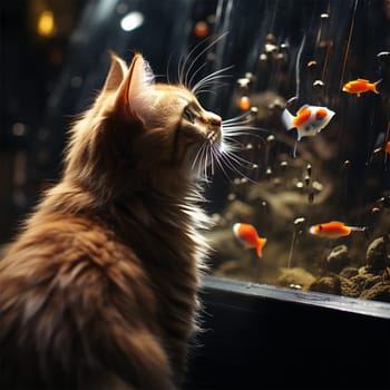 the cat carefully watches the beautiful red fish in the aquarium.Generative AI