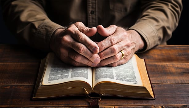 wrinkled The hands of an elderly man are folded over the Bible.Generative AI