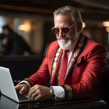 Santa Claus in a modern red jacket in business class of the ship and working on a computer. Leisure and transport concept.Generative AI